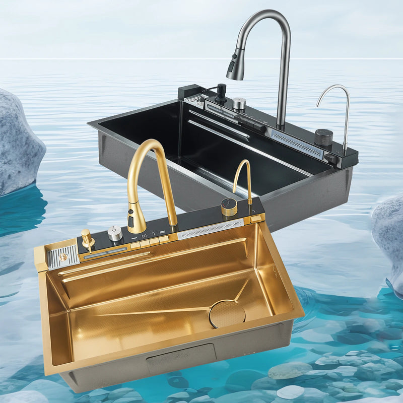 Brushed Gold Waterfall Sink Kitchen Intelligent Digital Display Temperature Control Large Single Slot pull Out Faucet Pure Water