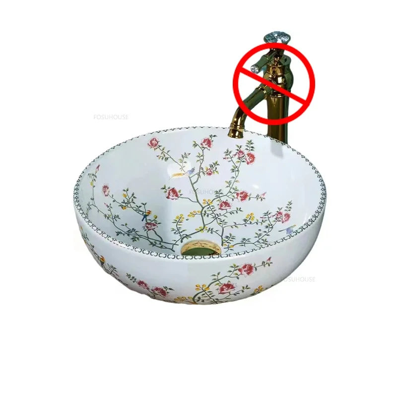 American Art Bathroom Sinks European Ceramic Wash Basin Retro Home Round Single Basin Balcony Toilet Creative Hand Painted Basin