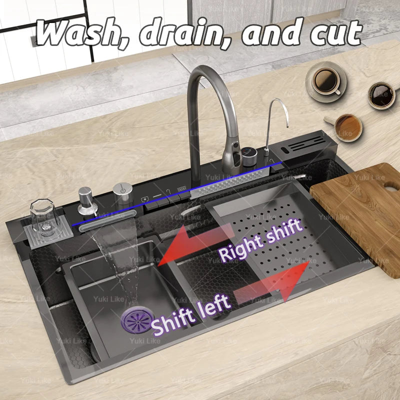 Stainless Steel Waterfall Kitchen Sink With Knife Holder Cup Wash Embossed Extra Large Single Sink Farmhouse Washbasin