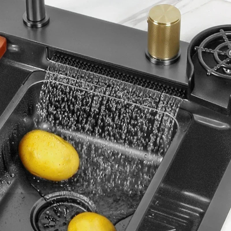 Black Nano Kitchen Sink 304 Stainless Steel Waterfall Sink Basin Large Single Bowl with Multifunction Touch Waterfall Faucet