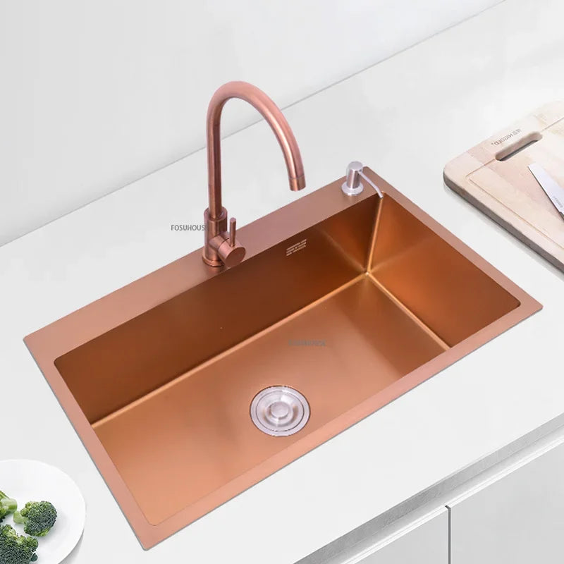 Rose Gold Stainless Steel Single Bowl Kitchen Sinks Accessory 304 Sink Bowl Kitchen Drain Basket Above Counter Sink Wash Basin