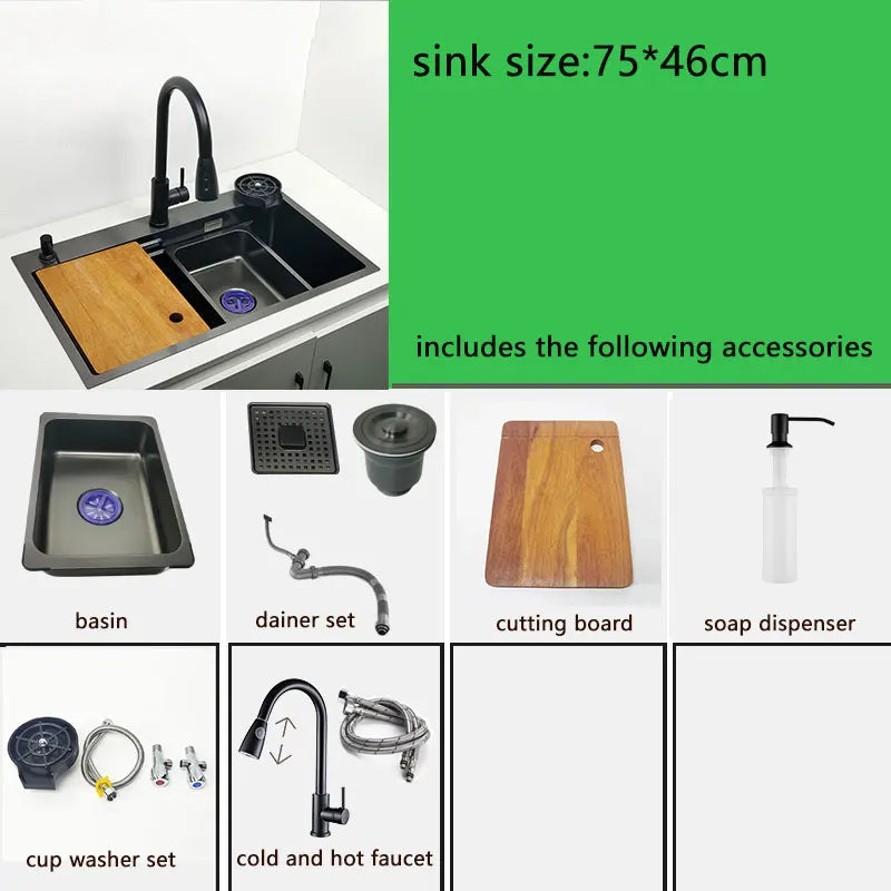 Matte Black Nano Kitchen Sink Above Mount Washing Basin with chopping board 304 Stainless Steel Single black kitchen sink