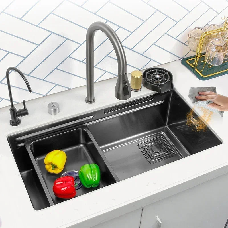 Black Nano Kitchen Sink 304 Stainless Steel Waterfall Sink Basin Large Single Bowl with Multifunction Touch Waterfall Faucet