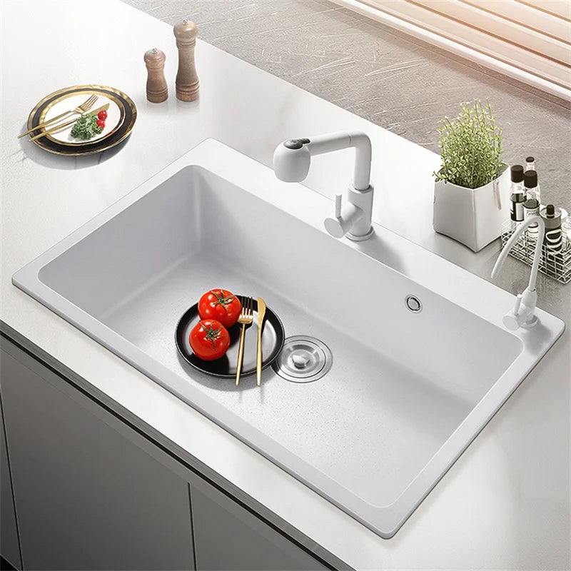 Italian-style Quartz Stone Kitchen Sink Household Large Single-slot Washbasin Under-counter Basin Sink Kitchen Accessories U