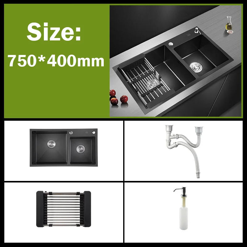 304 Stainless Steel Nano Black Kitchen Sink Vegetable Wash Basin For Home Fixture With  Faucet Drain Accessories Topmount
