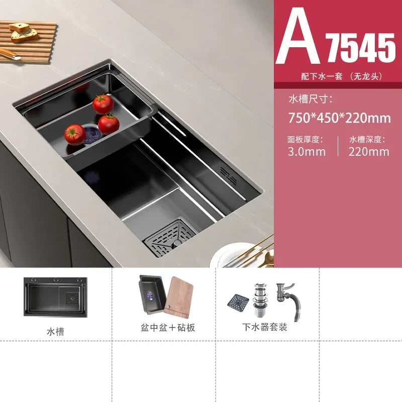 Stainless Steel Kitchen Sinks Black Nano Large Single Tank Countertop Basin Home Kitchen Vegetable Sink 304 Thickened Wash Basin