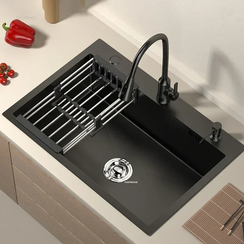 Stainless Steel Kitchen Sinks Black Nano Large Single Tank Countertop Basin Home Kitchen Vegetable Sink 304 Thickened Wash Basin