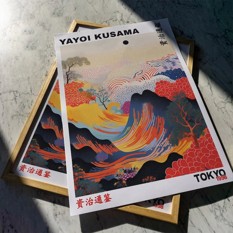 Colourful Yayoi Kusama Mountains and Rivers Poster Vintage Japanese Matte Canvas Material Mural Gallery Bedroom Wall Art