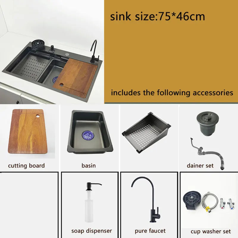 Kitchen Sink honeycomb anti-scratch nano technology left drain Above Mount Washing Basin Stainless Steel sinks waterfall faucet