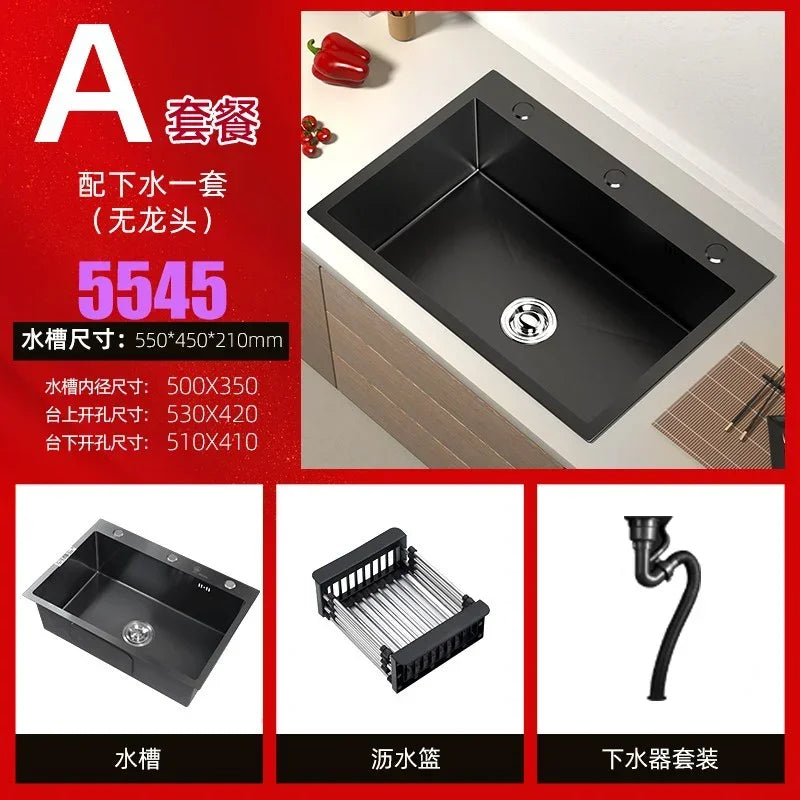 Stainless Steel Kitchen Sinks Black Nano Large Single Tank Countertop Basin Home Kitchen Vegetable Sink 304 Thickened Wash Basin