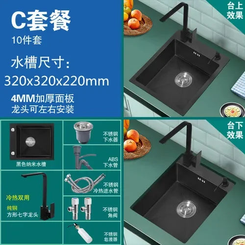 304 Stainless Steel Kitchen Sinks Bar Balcony Mini Sink Single Tank Black Nano Kitchen Accessories Thicken Wash Basin Small Sink