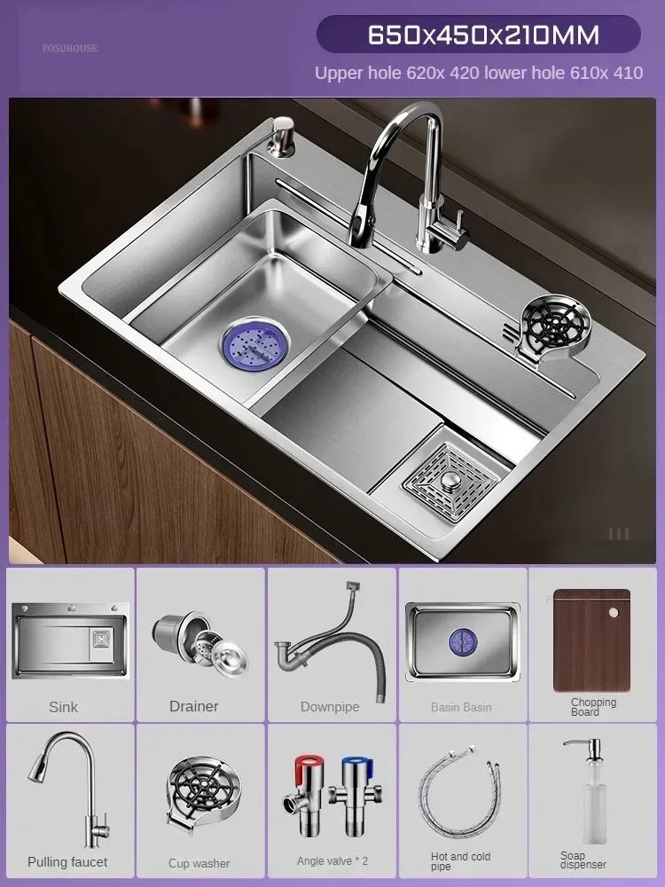 Light Luxury Silver Nano Sink for Kitchen Modern Stainless Steel Three-hole Kitchen Sinks Creative Household Sinks for Balcony