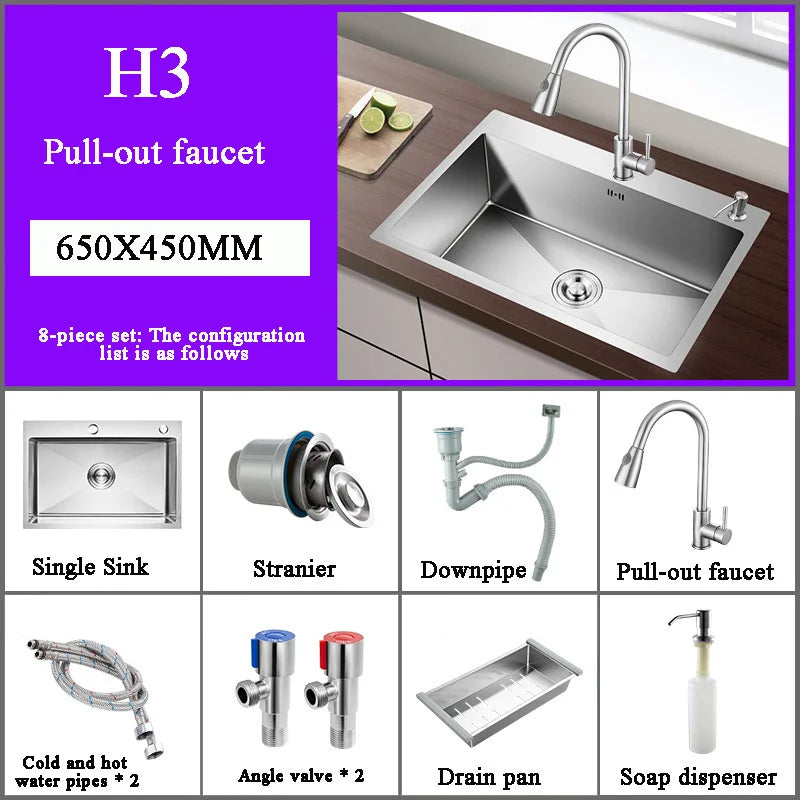 Stainless Steel Kitchen Sink Farmhouse Above Counter Undermounter Single Bowel Wash Basin With Gourmet Faucet Drain Accessories