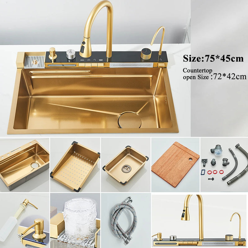 Brushed Gold Waterfall Sink Kitchen Intelligent Digital Display Temperature Control Large Single Slot pull Out Faucet Pure Water
