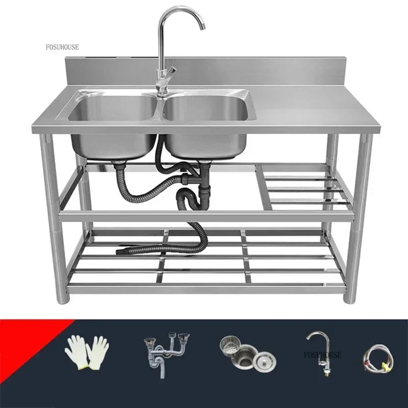Household Vegetable Washing Basin with Bracket Commercial Stainless Steel Kitchen Sinks Kitchen Workbench Washing Single Sink