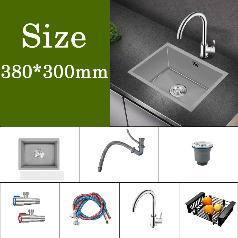 Small Gray Kitchen Sink Above Counter or Undermount 304 Stainless Steel Single Bowl Washing Basin Drain Accessories for Kitchen