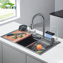 Hownifety Waterfall Sink Kitchen Stainless Steel Topmount Sink Large Single Slot Wash Basin With Multifunction Waterfall Faucet