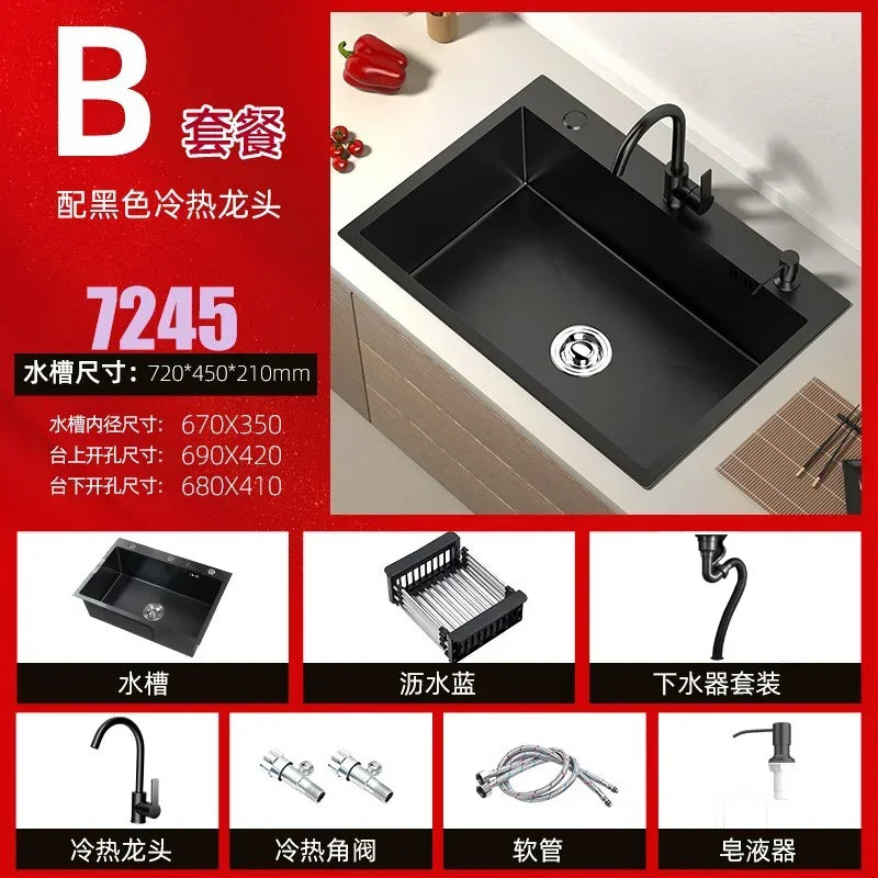 Stainless Steel Kitchen Sinks Black Nano Large Single Tank Countertop Basin Home Kitchen Vegetable Sink 304 Thickened Wash Basin