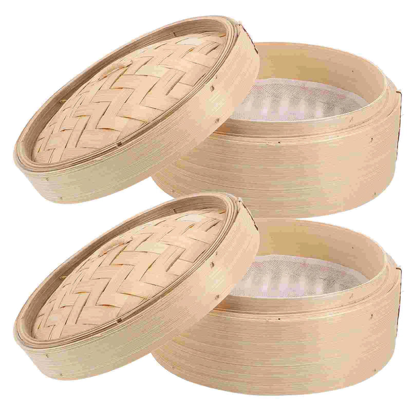 2 Pcs Chinese Dim Sum Cookers Household Lotus Leaf Rice Steamers Wooden Bamboo Steaming Tray Cooking Tools with Cover 8 Inch