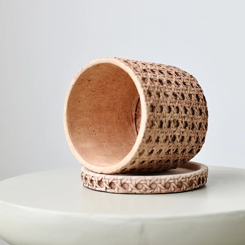 Creative Decorative Pot Simple Round Retro Desktop Cement Flower Pot Living Room Green Plant Pottery Imitation Vine Weaving