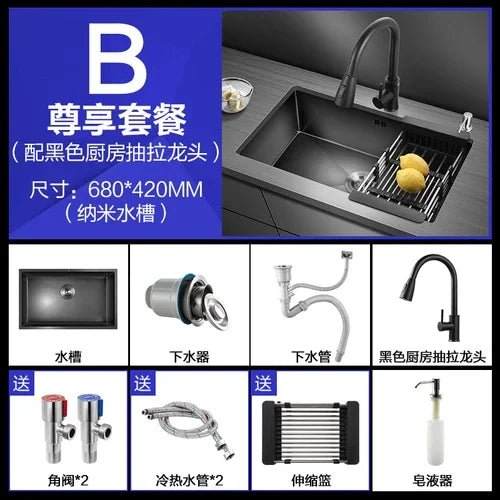 Kitchen Sinks Single Slot Black Kitchen Nano Sink 304 Stainless Steel Sink Under Counter Basin Home Kitchen s Accessories