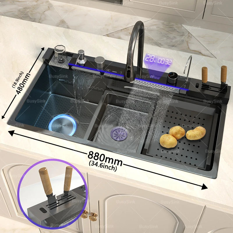 Stainless Steel Waterfall Kitchen Sink Cup Washer Knife Rack Embossed Extra Large Single Slot Apartment Left Side Drainage