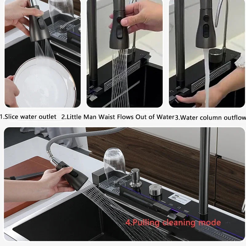 304 Stainless Steel Kitchen Waterfall Sink Digital Display Large Single Sink Dish Basin Sink With Multifunction Touch Waterfall
