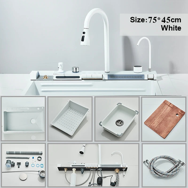 Brushed Gold Waterfall Sink Kitchen Intelligent Digital Display Temperature Control Large Single Slot pull Out Faucet Pure Water