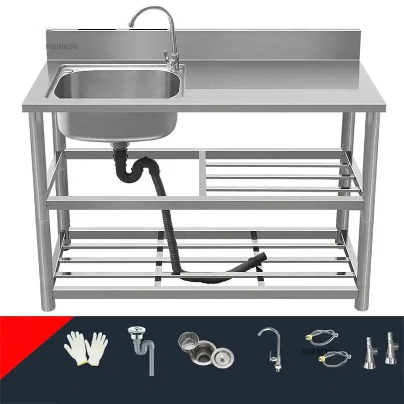 Household Vegetable Washing Basin with Bracket Commercial Stainless Steel Kitchen Sinks Kitchen Workbench Washing Single Sink