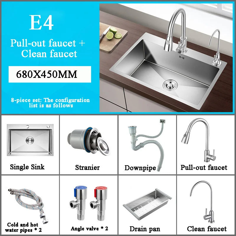 Stainless Steel Kitchen Sink Farmhouse Above Counter Undermounter Single Bowel Wash Basin With Gourmet Faucet Drain Accessories