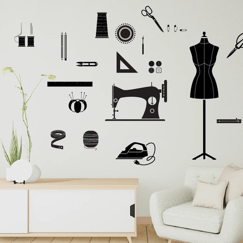 Creative sewing tools sticker for living room tailor's shop decoration self adhesive wall art decal