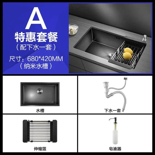 Kitchen Sinks Single Slot Black Kitchen Nano Sink 304 Stainless Steel Sink Under Counter Basin Home Kitchen s Accessories