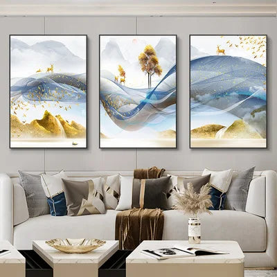 3 Pieces Nordic Luxury Ribbon Abstract Landscape Wall Art Canvas Paintings Modern Gold Deer Poster Print Picture for Home Decor