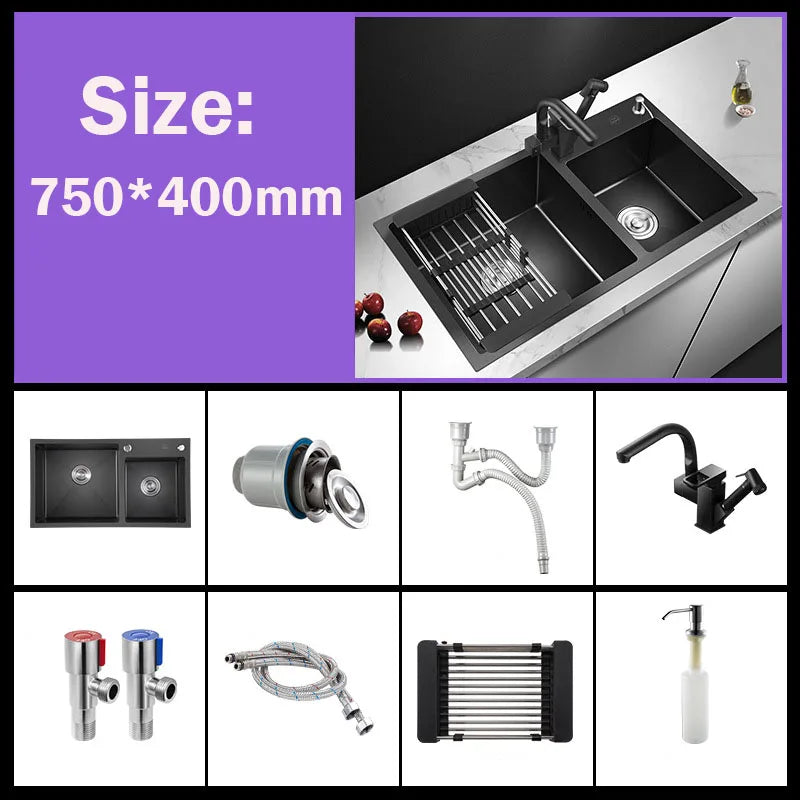 304 Stainless Steel Nano Black Kitchen Sink Vegetable Wash Basin For Home Fixture With  Faucet Drain Accessories Topmount