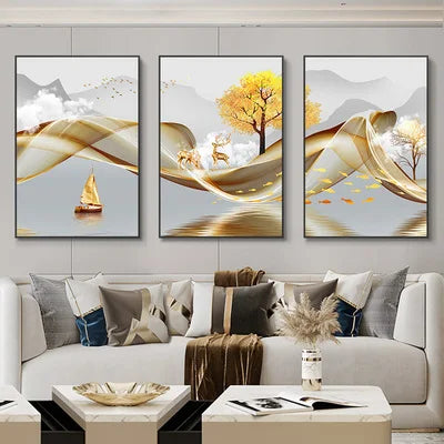 3 Pieces Nordic Luxury Ribbon Abstract Landscape Wall Art Canvas Paintings Modern Gold Deer Poster Print Picture for Home Decor