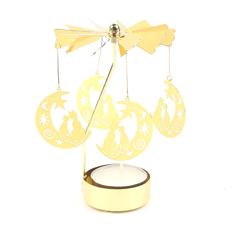 Golden Rotating Candle Holder Romantic Metal Tealight Candle Holder for Christmas Home Decoration Dinner Wedding Bar Party