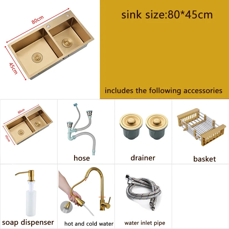 Gold Kitchen Sink Above Counter or Undermount double Bowl Goldn Basket Drainer Soap Dispenser Washing Basin 304 Stainless Steel