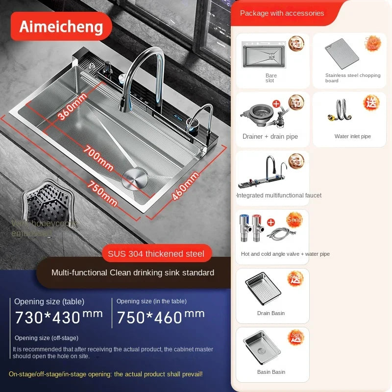 Silver Nano 304 Stainless Steel Digital Display Waterfall Sink Multifunctional Vegetable Washing Pool Integrated faucet