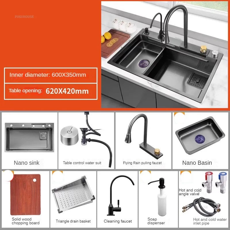 Nordic Metal Kitchen Sinks for Bar Counter Smart Digital Display with Cup Washer Sinks Light Luxury Design Sink for Dining Room