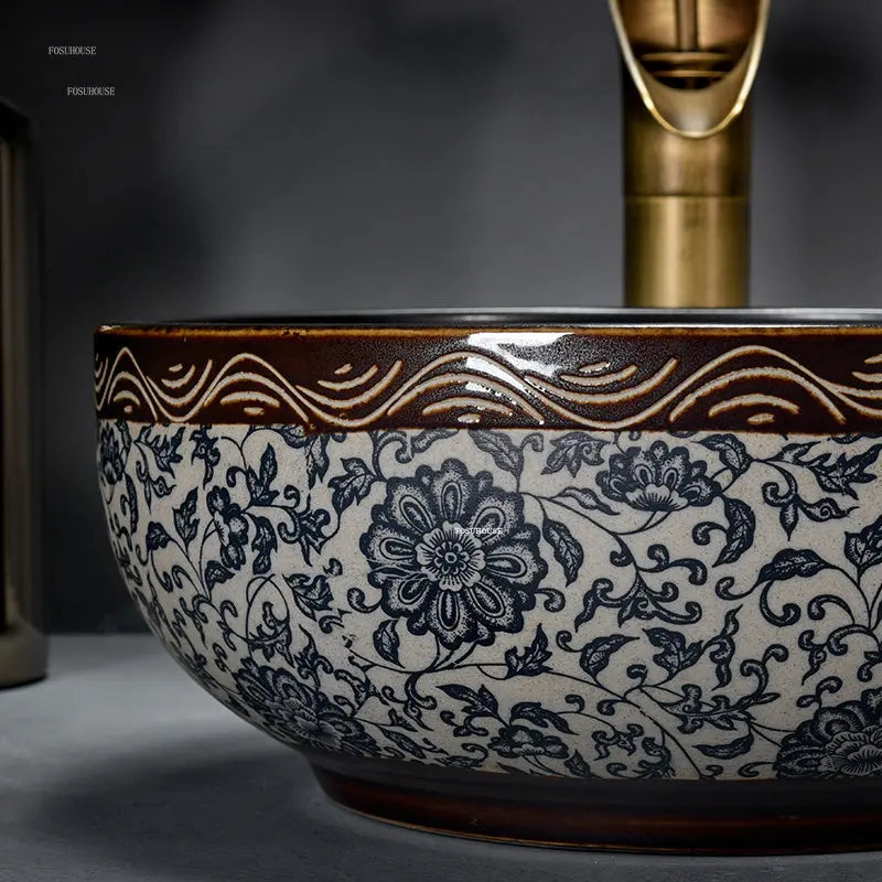 European Retro Bathroom Sinks Ceramic Home Bathroom Washbasins Countertop Basin Small Size Washing Sink Round Single Wash Basin