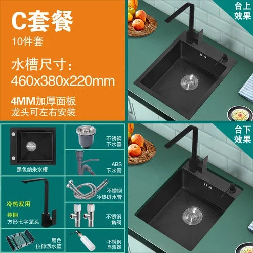 Bar Balcony Mini Sink Single Tank 304 Stainless Steel Kitchen Sinks Black Nano Thicken Wash Basin Small Sink Kitchen Accessories