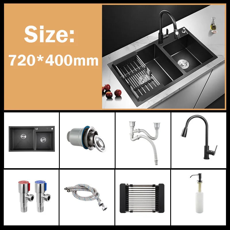 304 Stainless Steel Nano Black Kitchen Sink Vegetable Wash Basin For Home Fixture With  Faucet Drain Accessories Topmount
