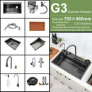 Black Nano Kitchen Sink 304 Stainless Steel Waterfall Sink Basin Large Single Bowl with Multifunction Touch Waterfall Faucet