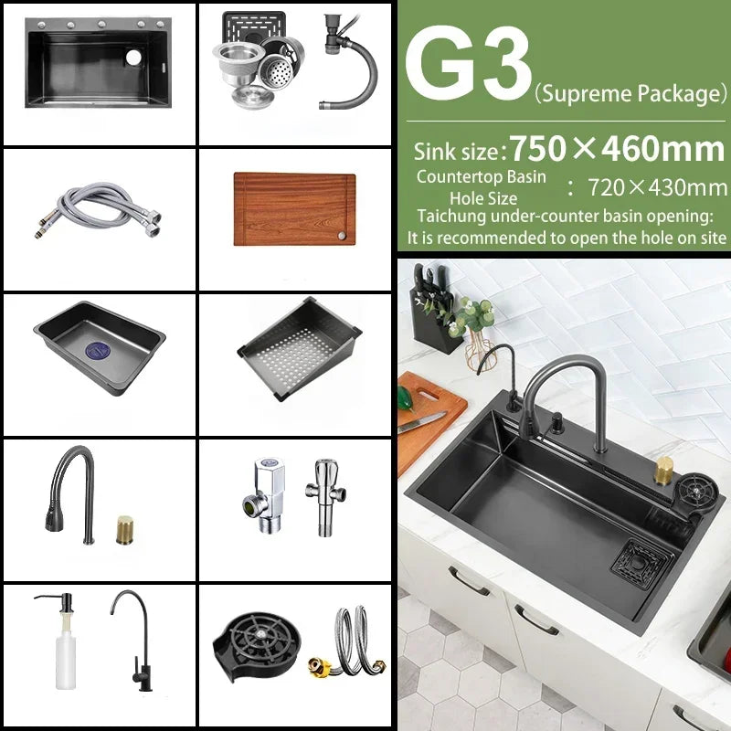 Black Nano Kitchen Sink 304 Stainless Steel Waterfall Sink Basin Large Single Bowl with Multifunction Touch Waterfall Faucet