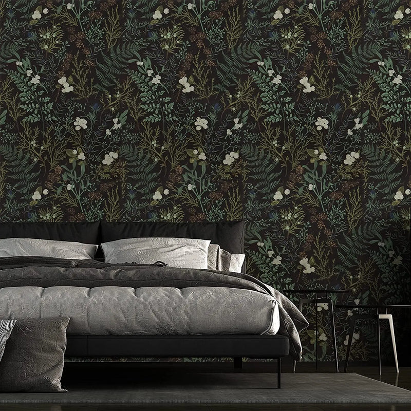 Tropical Moss Leaf Peel and Stick Wallpaper Black Floral Self Adhesive Removable Floral Contact Paper for Bedroom Walls Cabinets