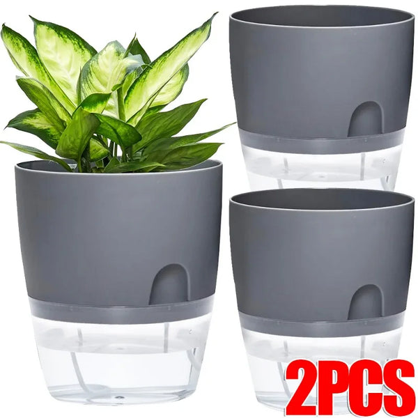 1/2pcs Self Watering Flower Pots Automatic Water-Absorbing Flowerpot Transparent Double Layer Plastic Planter Home Office Decor