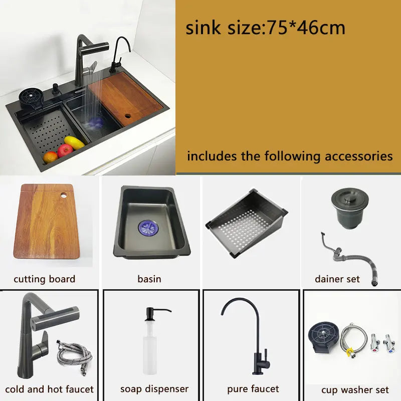 Kitchen Sink honeycomb anti-scratch nano technology left drain Above Mount Washing Basin Stainless Steel sinks waterfall faucet