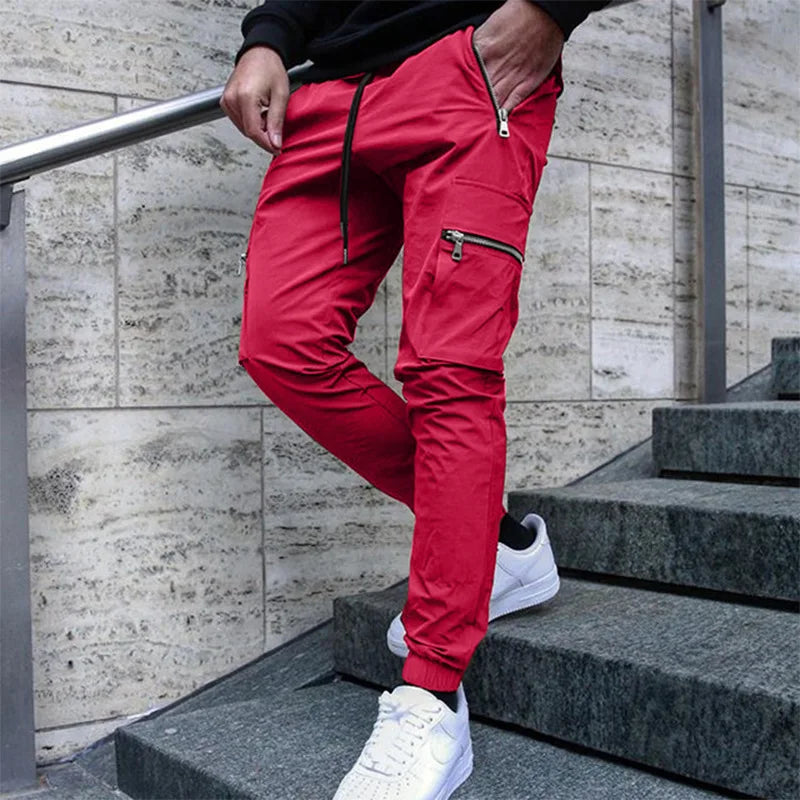 Men's casual overalls spring and autumn new drawstring fashion personality zipper pocket small foot pencil pants long pants