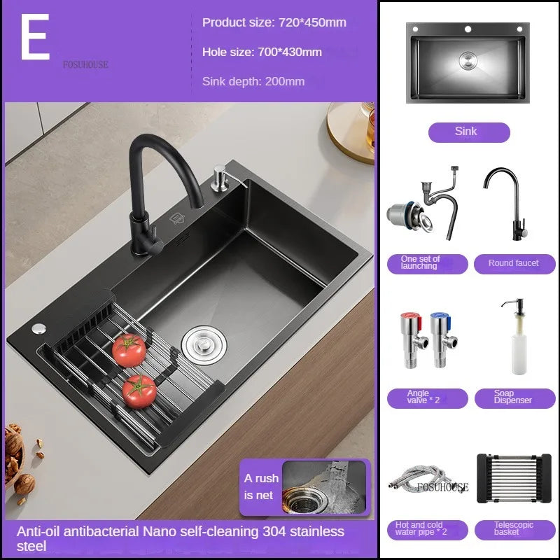 German Nano Sinks for Apartments Black Metal Three-hole Drain Kitchen Sink Light Luxury Household Kitchen Sink for Rental Houses