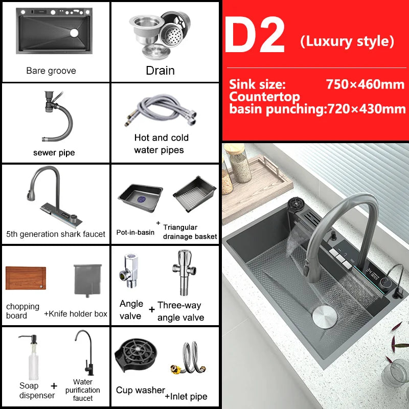 Waterfall Sink Stainless Steel Kitchen Sink Embossed Large Single Slot Ambient light Digital Display Faucet Set Soap Dispenser